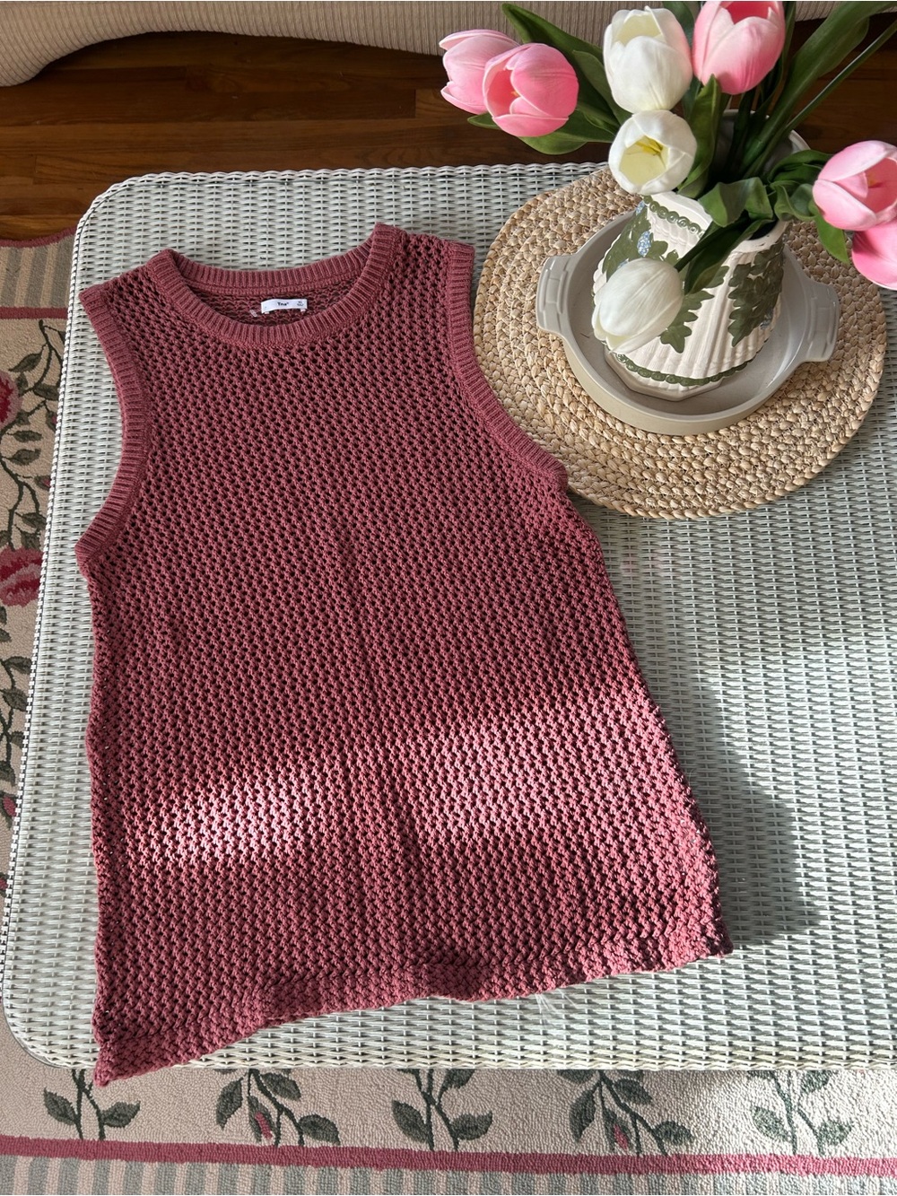 TNA Sleeveless Open-Knit Tank in Dusty Rose